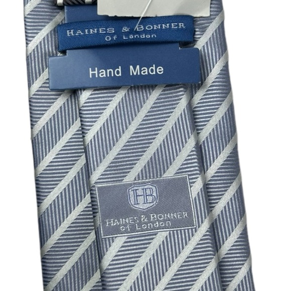 HAINES & BONNER Of London Handmade Silk Tie Blue and White Stripes. New - Picture 9 of 12
